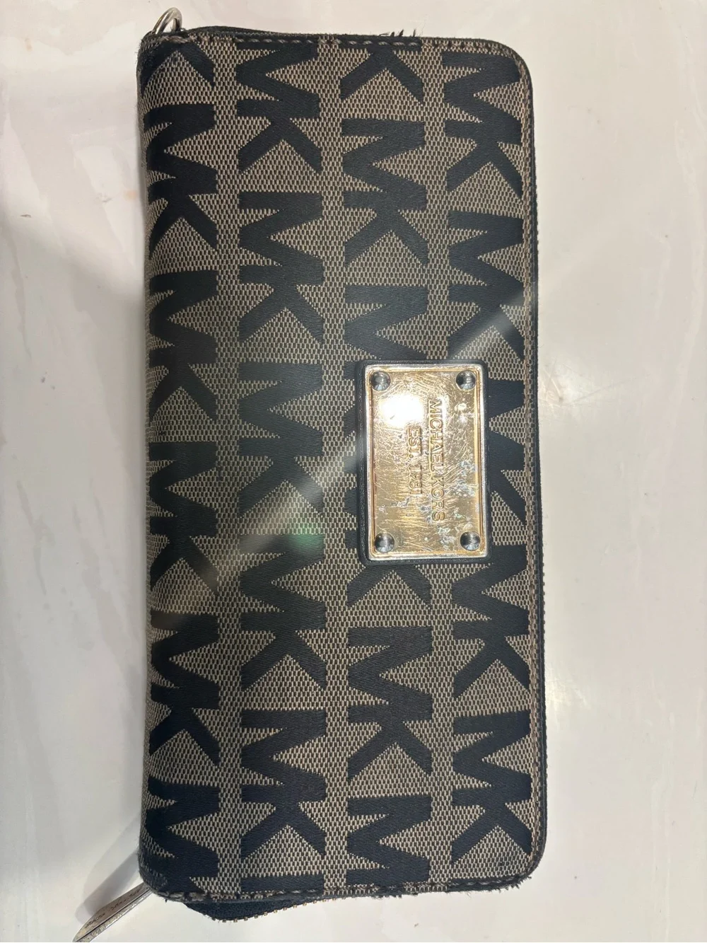 Michael Kors Black and Brown MK Signature Zip Wallet with Gold Plate
